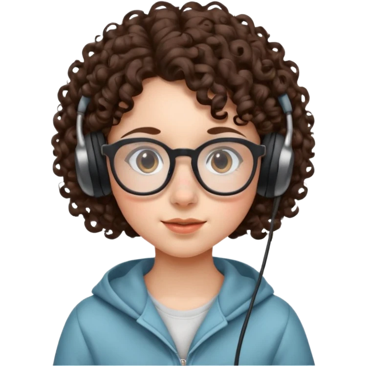brunette kid with unique face features and very curly hair kid girl neutral and big glasess and big nose and dark eyes with freckles kind of nerd looking and headphone wearing emoji