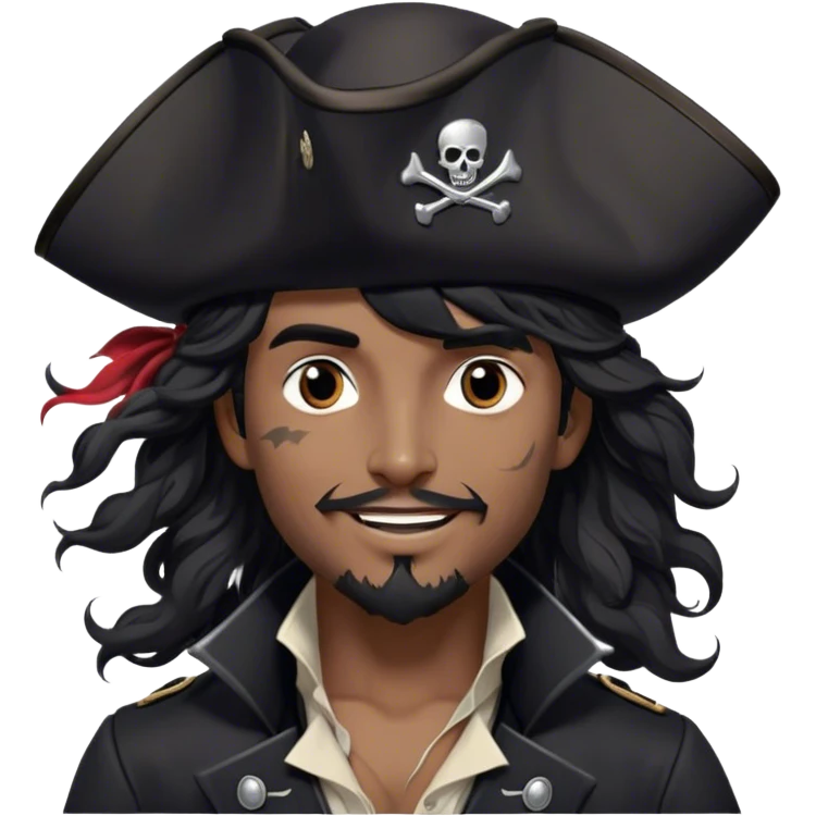 A charismatic pirate with wavy black hair tousled by the breeze. His silver-embroidered tricorn hat casts a shadow. Dark eyes glint with mischief as he looks to the side, a knowing smile on his lips. His black coat, adorned with silver buttons, shifts with the wind emoji