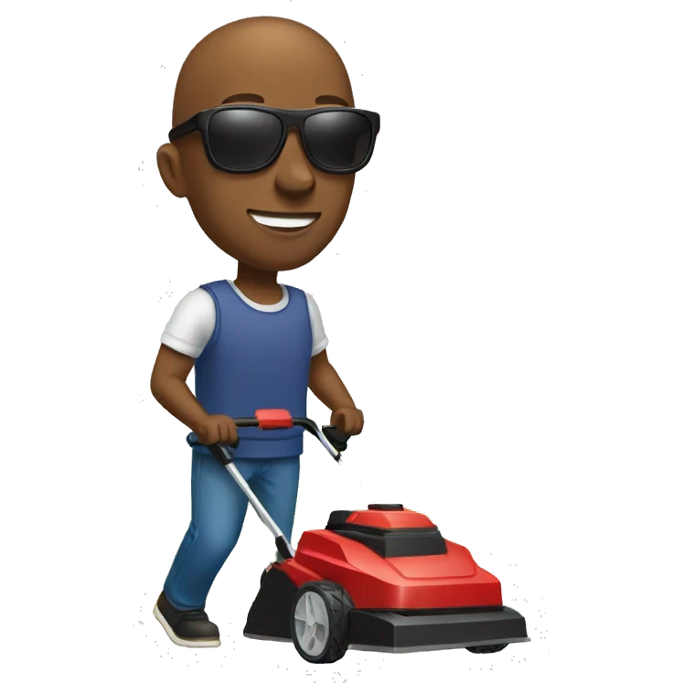 Black man with bald head and sunglasses pushing a lawnmower emoji