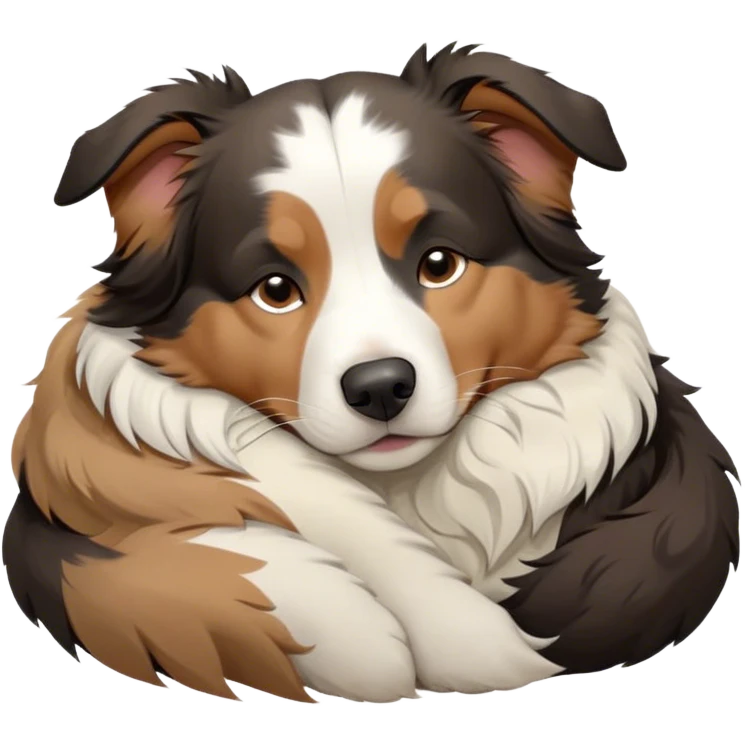 Cinematic Chubby Sleeping Tri-Color Australian Shepherd Portrait Emoji, Chubby and serene, with a round, adorable build and a plush tri-color coat of black, white, and tan, eyes gently closed in peaceful slumber, Simplified yet irresistibly endearing features, highly detailed, glowing with a gentle, dreamy glow, high shine, relaxed and content, stylized with a touch of whimsy, bright and heartwarming, soft glowing outline, capturing the essence of a blissfully sleepy herder, so comically serene it feels like it could roll out of the screen and snore with adorable charm! emoji