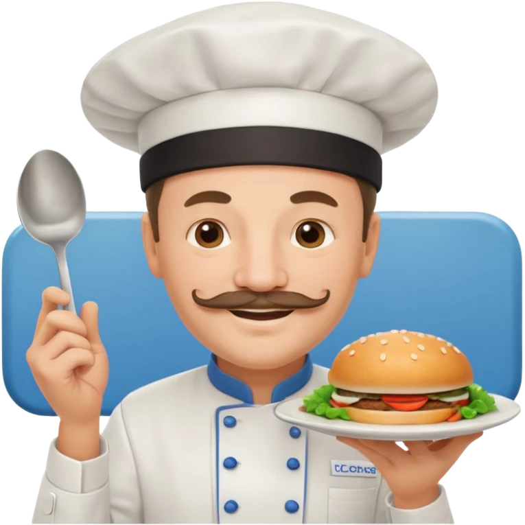 Est-ce que tu peux me faire un chef cuistot qui ressemble à Philippe Etchebest et qui est devant un restaurant? Est-ce que tu peux le faire souriant, avec une moustache de cuistot? 
 emoji