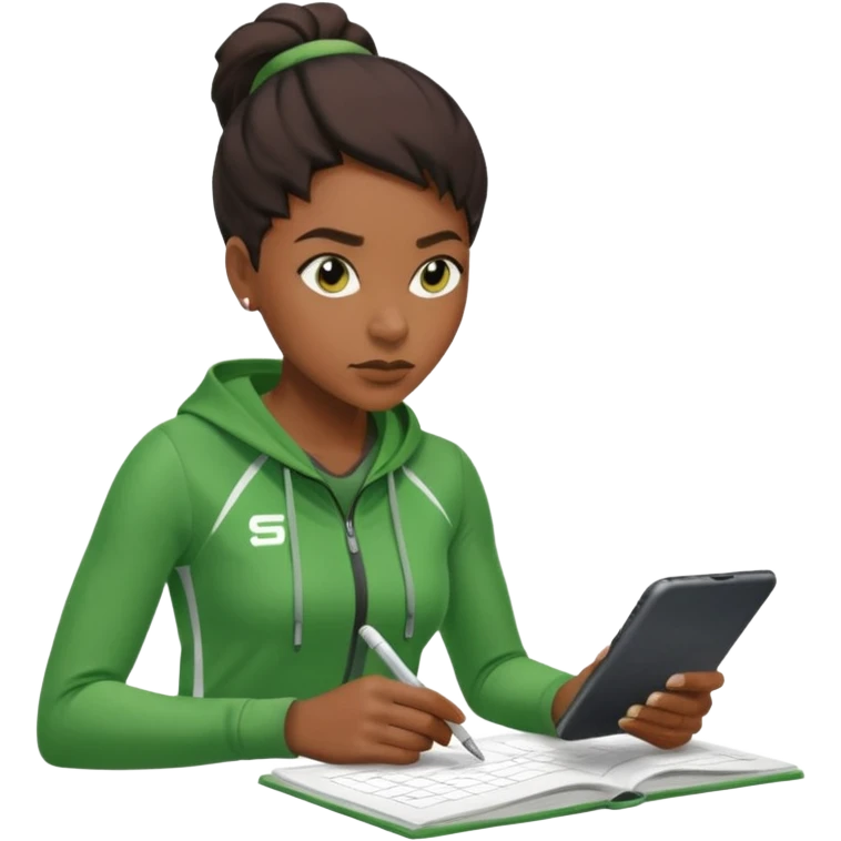 A calm black female coach with folded arms, analyzing the game with sharp focus, green clothes emoji