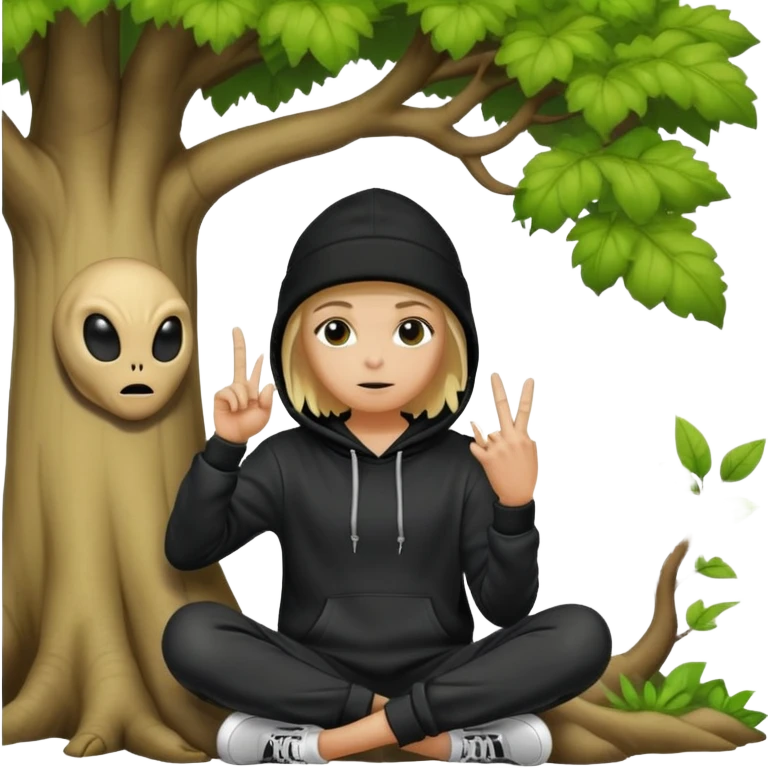 blonde sitting by a tree with her middle finger up. I want her wearing a black beanie and an alien hoodie emoji