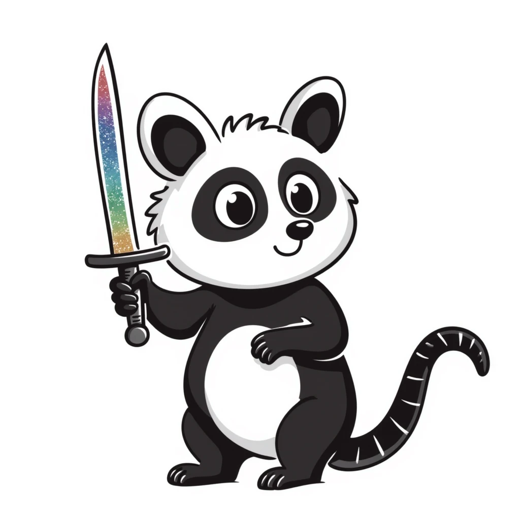 Cute possum with big eyes holding a glittery sword, rainbow colors emoji