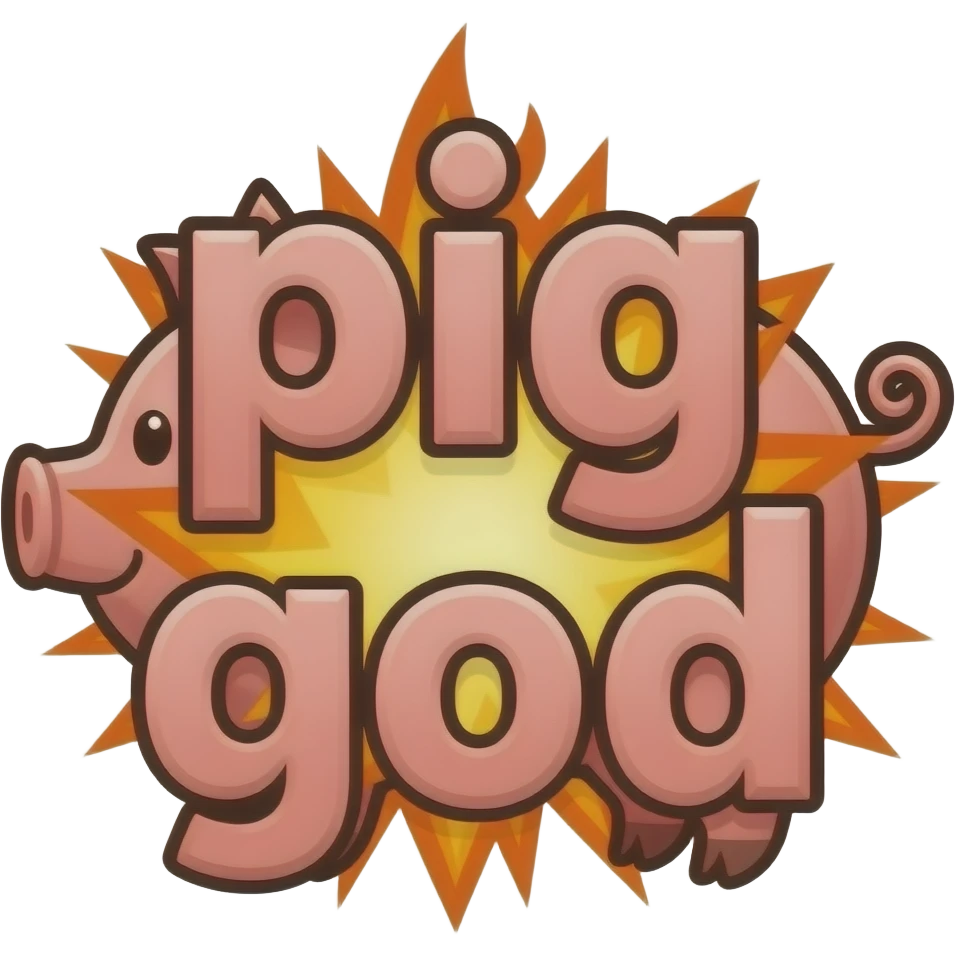text large font size "porco dio" with a pig outline in the background, explosion, fire, bacon emoji