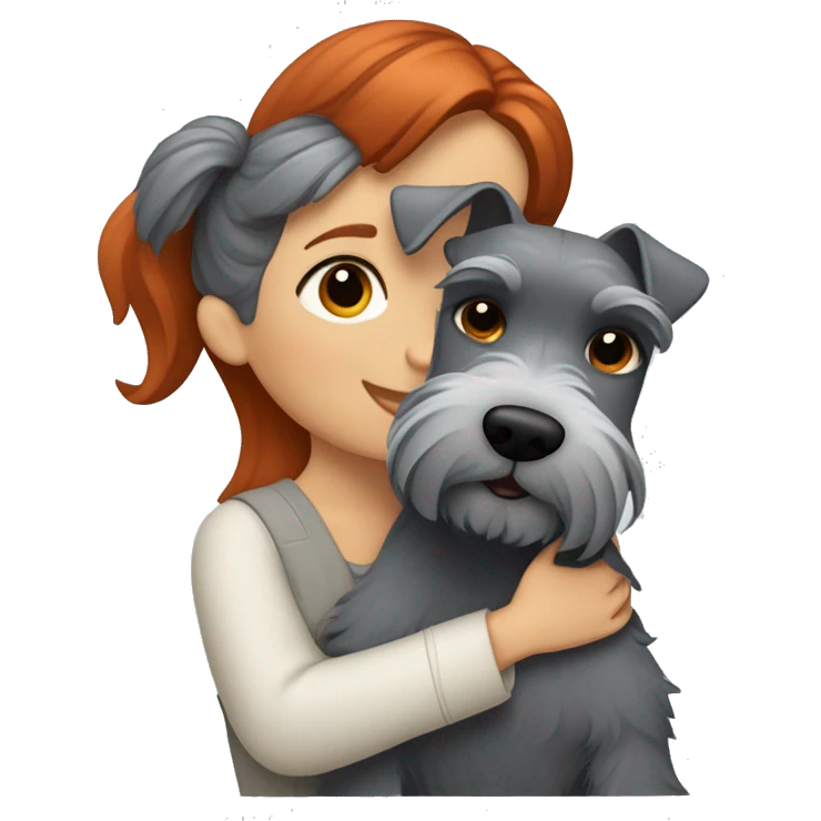 little grey schnauzer hugging a redhead girl with brown eyes  emoji