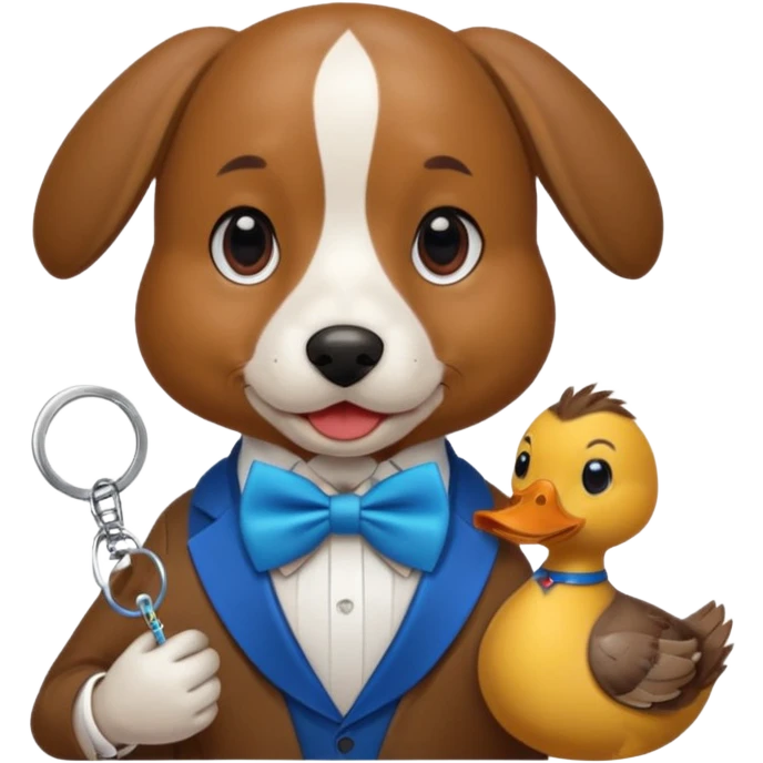A dog holding keys in one hand and a duck in the other, all with a half-red, half-blue bow tie. emoji
