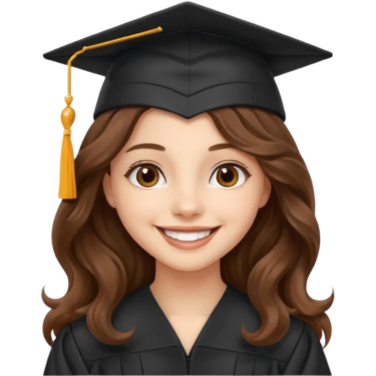 Graduated Students, Cheerful girl, long brown wavy hair, wearing graduation cap emoji
