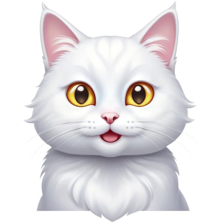 Cinematic Comical White Cat Portrait Emoji, Head tilted in an exaggerated, surprised manner with wide, sparkling eyes, showcasing a pristine white fur with subtle hints of silver and an animated, goofy expression, simplified yet whimsically detailed, glowing with a playful, bright radiance, high shine, exuding a lighthearted and comical charm, styled with a soft glowing outline, capturing the essence of a white cat that looks ready to prance comically off the screen! emoji