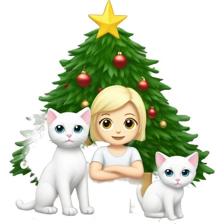 Blond baby with two white Sibirien cats next to a Christmas tree emoji