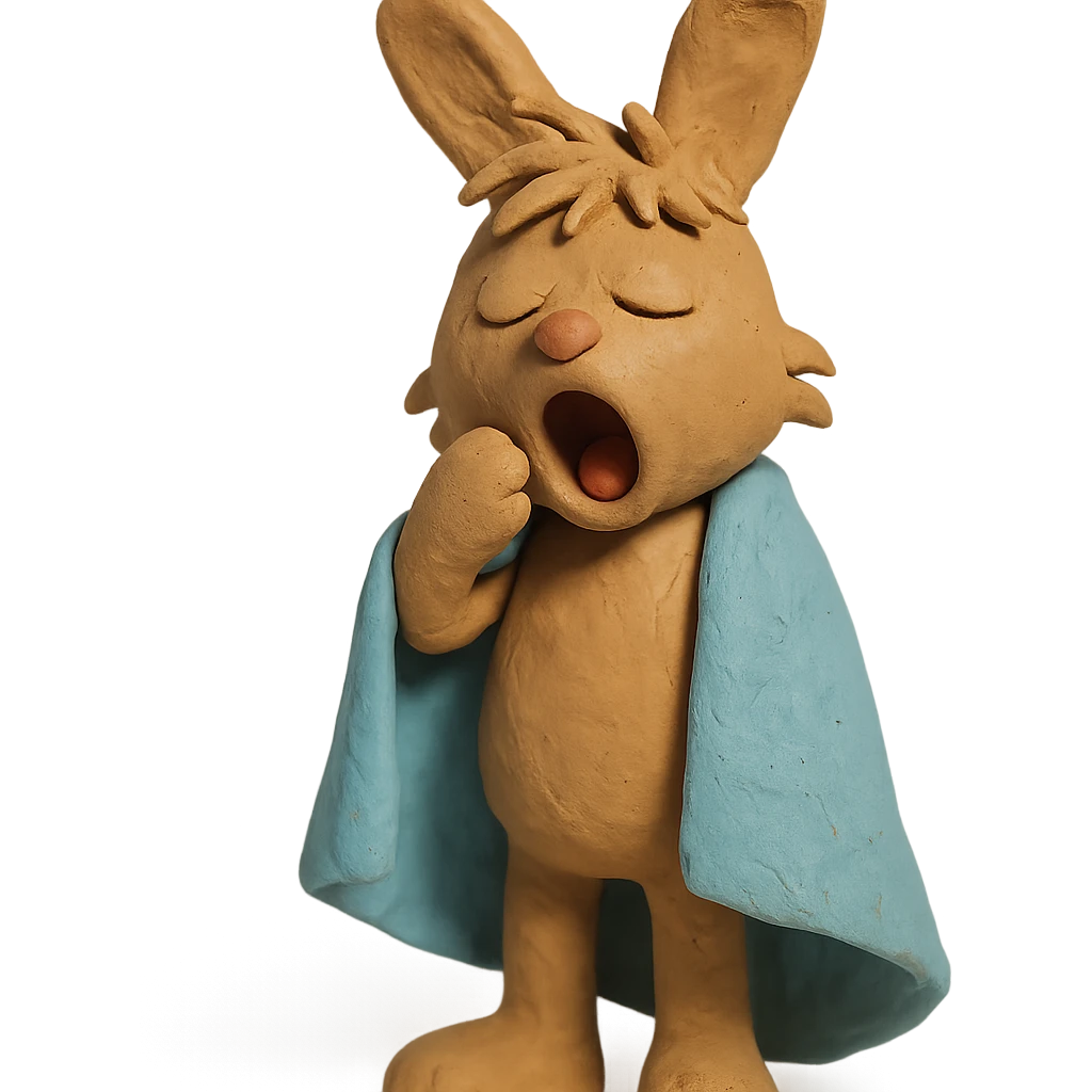 full-body pale brown bunny yawning with messy hair, blanket over shoulders, claymation style emoji