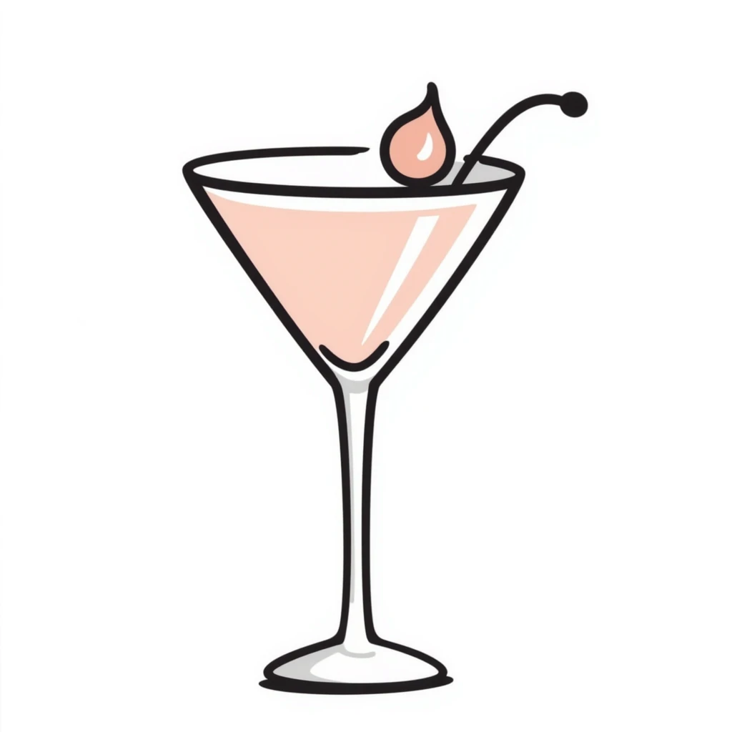 A fancy cocktail glass with decorative garnish in pastel colors (dd9fb0, ffc6d3, a3bfc9, c4bee2, f1b091), hand-drawn doodle style emoji
