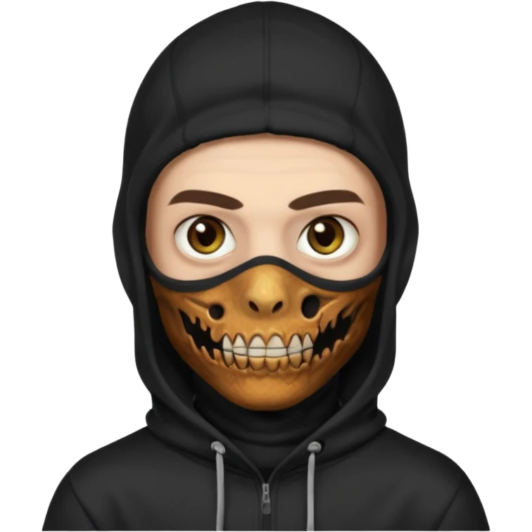 это должен быть юноша, одет в черную худи с балаклавой, глаза цвета хамелион, но более коричневые, выглядит как зомби и еще немного длинные волнистые кудрявые волосы темно коричневого цвета, также добавь темный оттенок на задней фон emoji