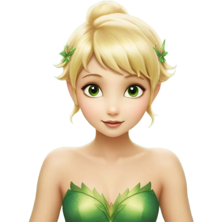 Cinematic Realistic Blonde Tinker Bell Fairy Portrait, depicted with lifelike, delicate skin glowing with a subtle radiant aura, soft natural lighting accentuating her gentle features, and intricately detailed golden blonde hair styled in a whimsical pixie cut. Her iridescent, translucent wings shimmer with delicate fairy dust, and her expressive, sparkling eyes reflect a world of magic. Adorned in a subtle blend of woodland greens and soft pastel accents, the portrait exudes an enchanting glow that seamlessly merges realism with fairy charm. emoji