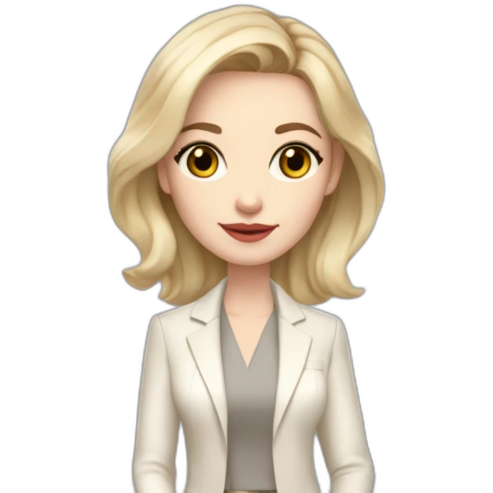 pale skin woman interior designer with cold blonde middle length hair, gray eyes, White oversize jacket, beige blouse, Gray skirt holding a color palette in the hands emoji