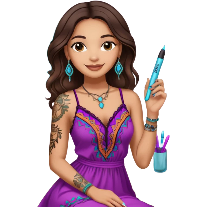 light skin latina standing up with brunette hair with a nice body and a nice boho dress with a hyaluronic pen in a beauty office with a neon sign in the back saying Joyfulipss Aesthetics with a black tattoo bed and have her smiling

 emoji