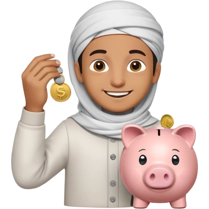 smiling Muslim boy carefully putting coins and bills into piggy bank, emoji style emoji