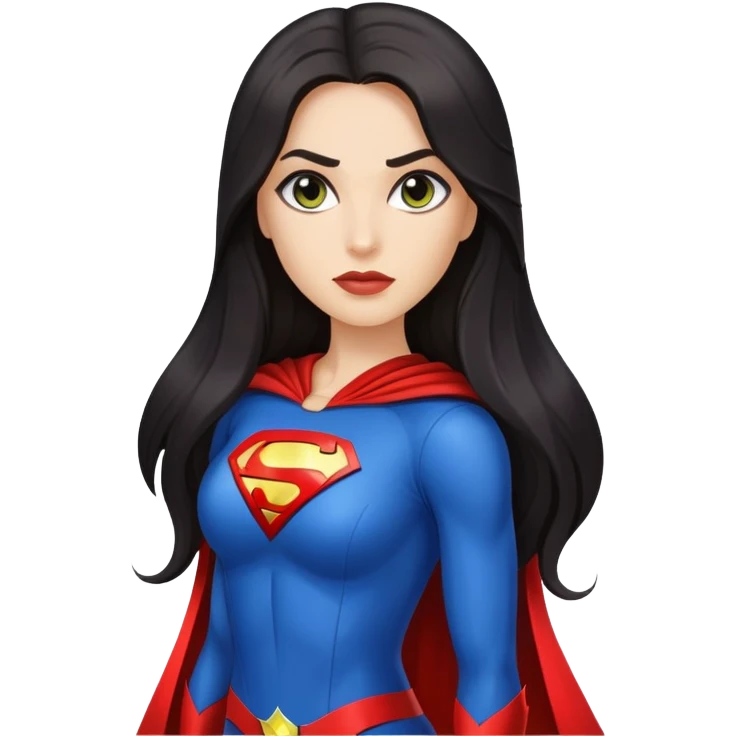 Pretty woman with very long dark hair and long face light skin smaller eyes and superhero outfit emoji