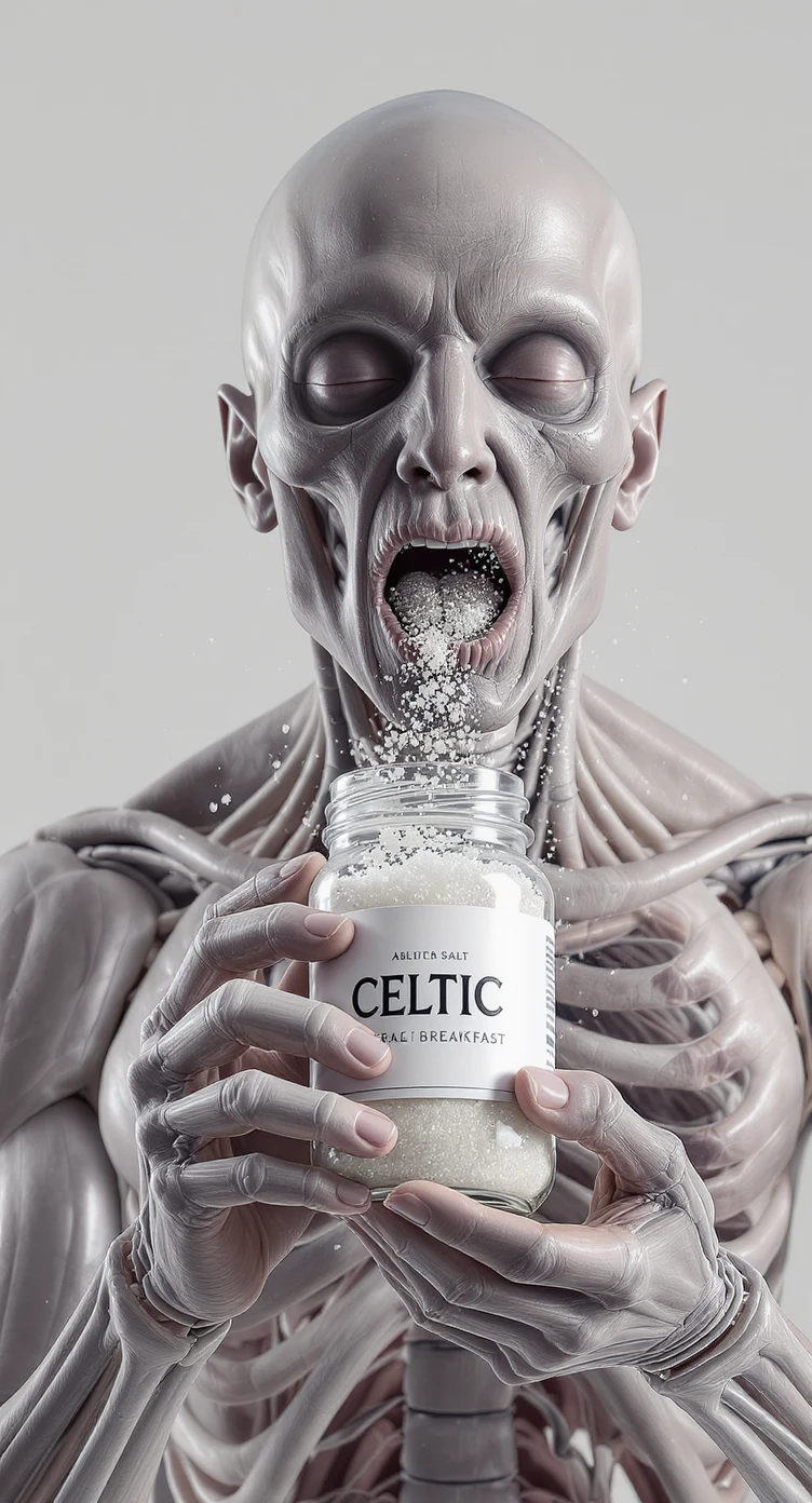 A MEDICAL ILLUSTRATION OF A REALISTIC human body holding a jar with "CELTIC SALT" written on the label, he throws it in his mouth DURING BREAKFAST emoji
