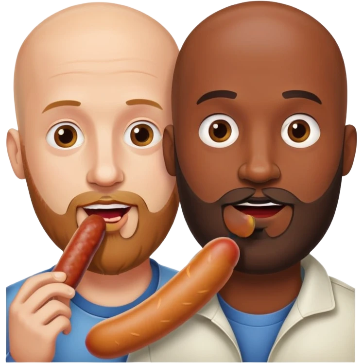 Two man eating one sausage, both bald, both have beards, one African American and the other Caucasian  emoji