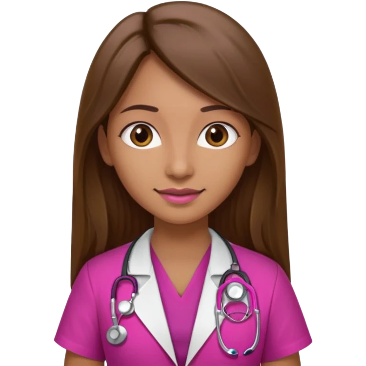 Médica de cabelos longos castanhos lisos com um estetoscópio rosa magenta. emoji