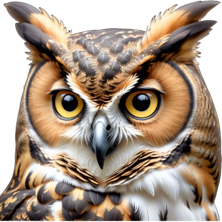Cinematic Noble Great Horned Owl Portrait Emoji, Poised and regal, with a commanding, broad build and a richly mottled plumage of grays, whites, and subtle browns, deep-set soulful golden eyes, Simplified yet sharp and sophisticated features, highly detailed, glowing with a soft, dignified glow, high shine, intelligent and enigmatic, stylized with an air of nocturnal majesty, focused and attentive, soft glowing outline, capturing the essence of a watchful and confident raptor, so majestic it feels as though it could silently swoop out of the screen with effortless authority! emoji