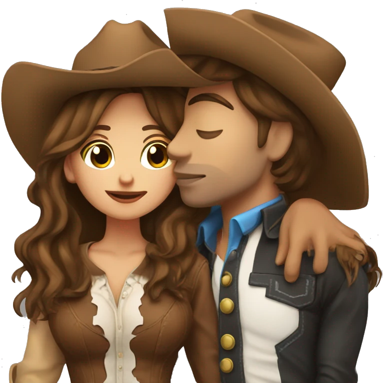 Cowboy with brown hair kissing cowgirl with brown hair emoji