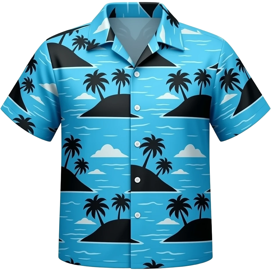 blue hawaiin shirt with oceans and black silhouettes of islands and palm trees on it emoji