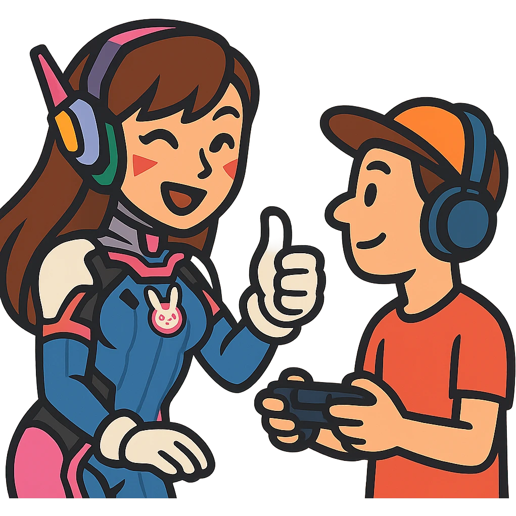 a cute Overwatch character like D.Va giving a thumbs-up to a casual player emoji
