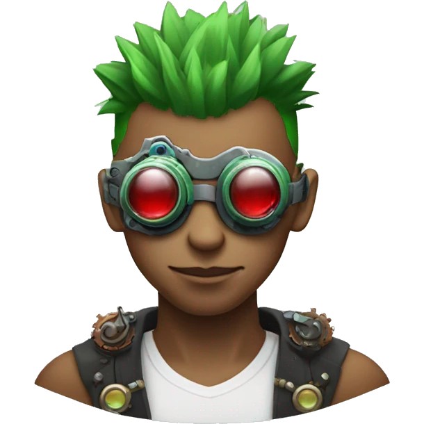Male cyborg with thin red Mohawk and green steampunk goggles emoji
