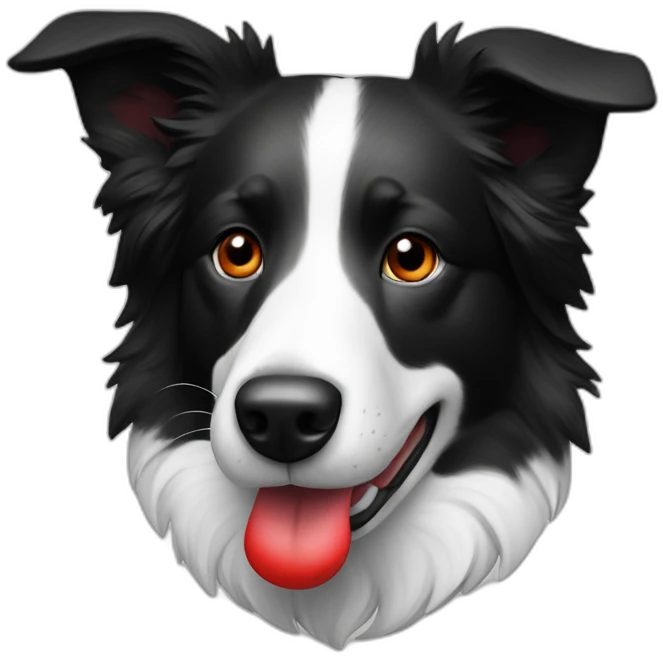 A black and white border collie with an skewed to the left white spot on his head and a red plaque on his collar emoji