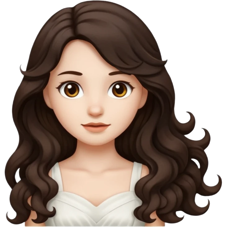 A girl in white with dark brown long wavy hair and very white skin emoji