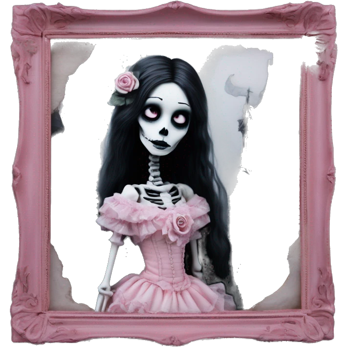 PINK LANDSCAPE PICTURE WITH FRAME: full body, hyper realism, full height skeleton, tim burton "corpse bride", thin porcelain doll with a cracked face, goth makeup watery eyes, long hair, lace and ruffles, lolita style, inked, black and white, red roses emoji