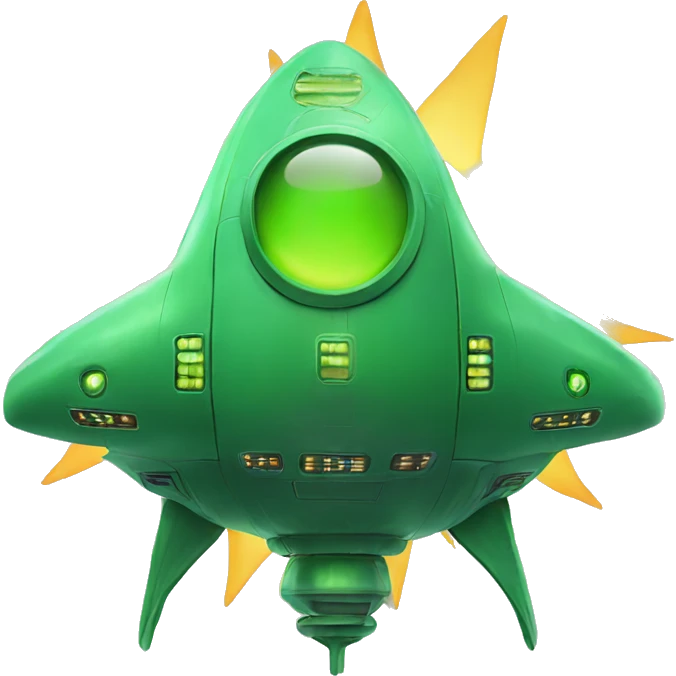 Green spaceship next to the sun emoji