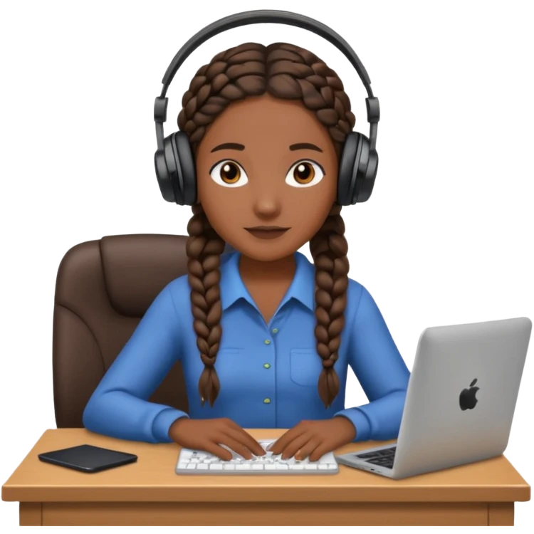 realistic dark brown skinned female with braids leaving desk with headphones on emoji