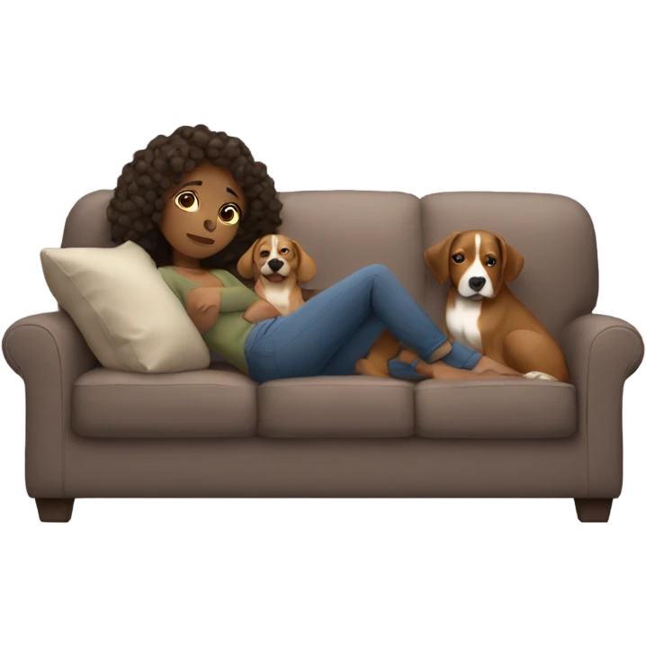 Brown girl being lazy on a sofa with three dogs next to her emoji