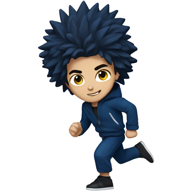 13-year-old Caucasian male martial artist boy running with big black spiky hair. He is wearing a dark blue headband, a dark blue hooded letterman jacket with dark blue sleeves and a black hoodie,  emoji