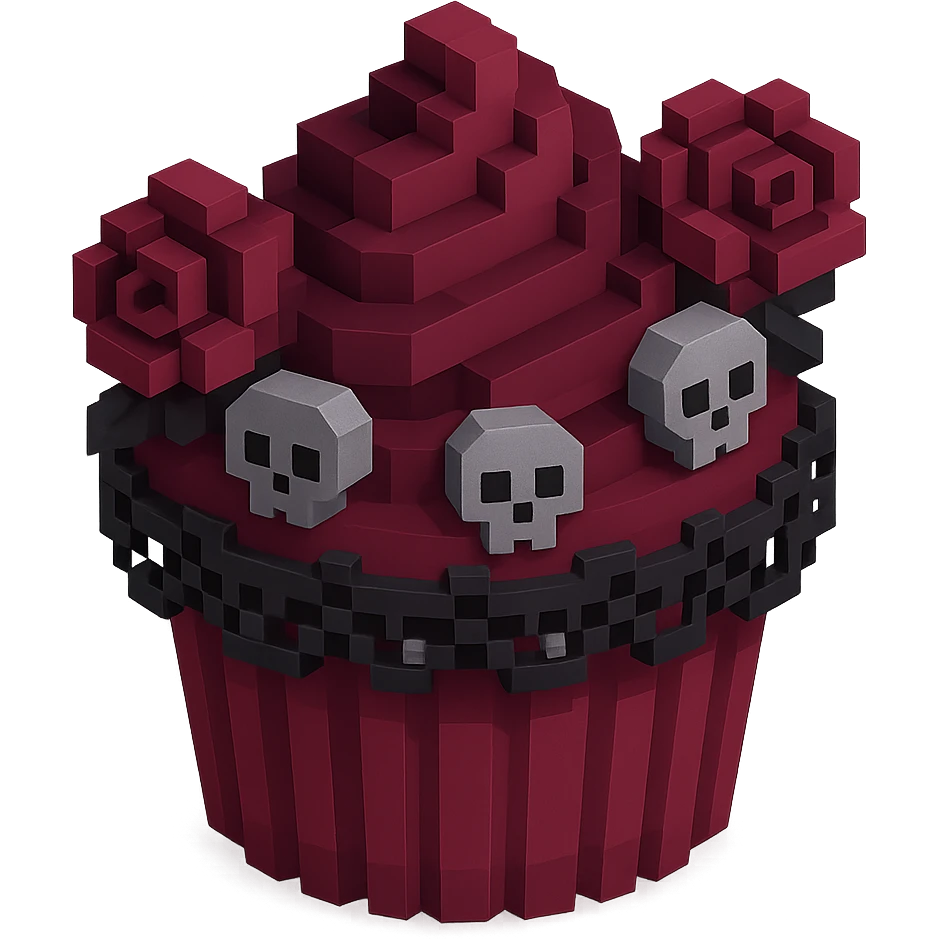 Gothic cupcake in voxel style, burgundy color, with gothic decorations such as black lace, tiny skulls, and dark roses, no background emoji