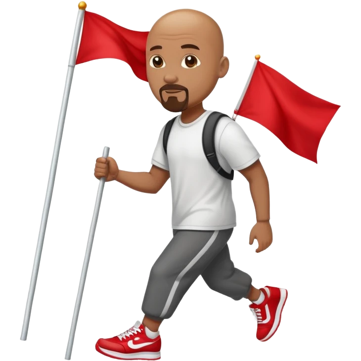 Bald black man with a white goatee in sneakers carrying a red flag emoji