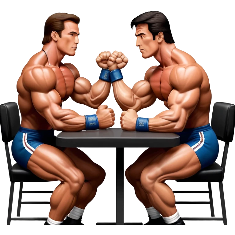 Arnold Schwarzenegger and Sylvester Stallone from 'Over the Top,' locked in an arm wrestling battle, using only their right hands. Their left hands rest on the table. Both display immense strength, with muscular arms flexing, under bright competition lights. Transparent background. emoji