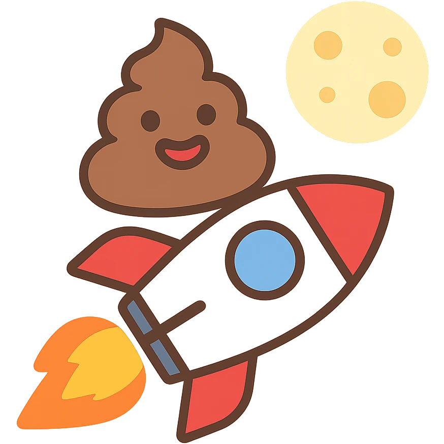 cartoon turd with lipstick sitting on a rocket flying toward the moon, colorful icon emoji