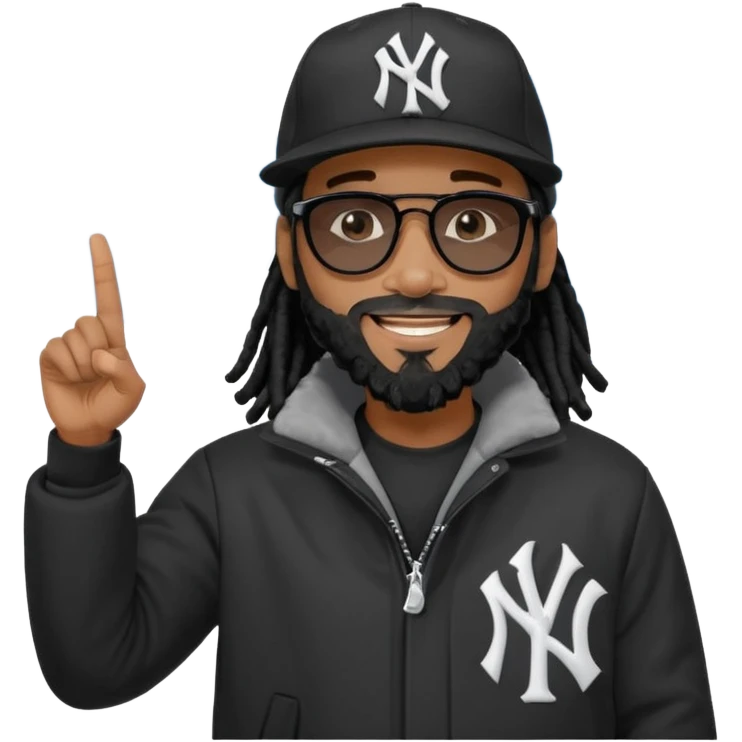 African American man with shoulder length black dreadlocks with black beard wearing black sunglasses wearing a black New York Yankees logo baseball cap wearing a black bubble winter coat pointing to sky emoji