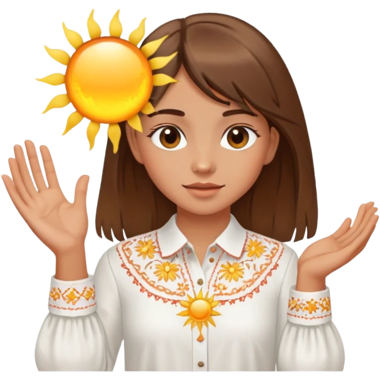 A young Ukrainian girl with brown hair wearing a white embroidered shirt holds the sun in her hands emoji