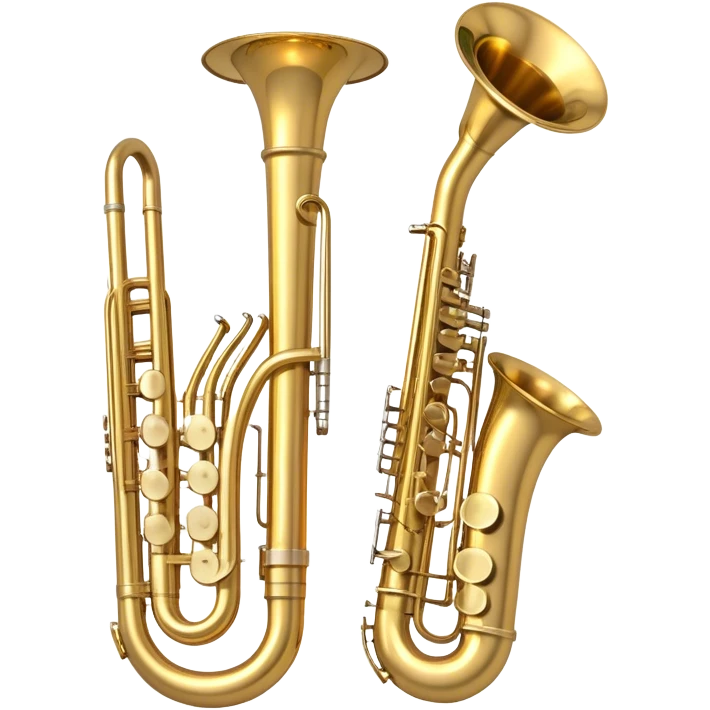 Create a simple and symbolic emoji collage representing wind instruments. Include a variety of iconic elements like the bell of a trumpet, the mouthpiece of a saxophone, and a subtle outline of a trombone. Arrange the elements in a dynamic and balanced way. Use warm metallic tones like gold, brass, and silver for the instruments, with a clean and minimalist design. The background should be transparent, focusing on the shapes and silhouettes of the instruments to convey their essence without excessive detail. emoji