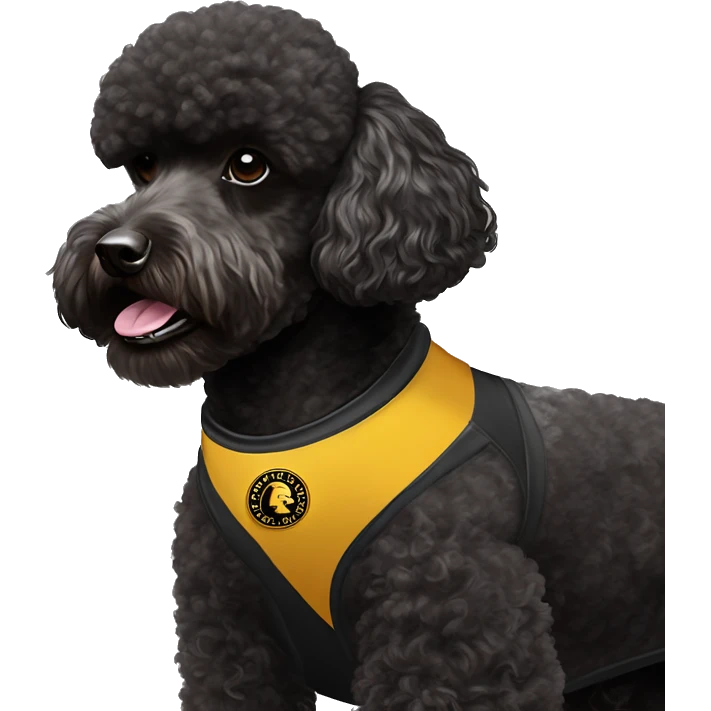 A black miniature poodle with a shaved face and a black collar with gold Versace emblems on it wearing an Arizona state #4 football jersey  emoji