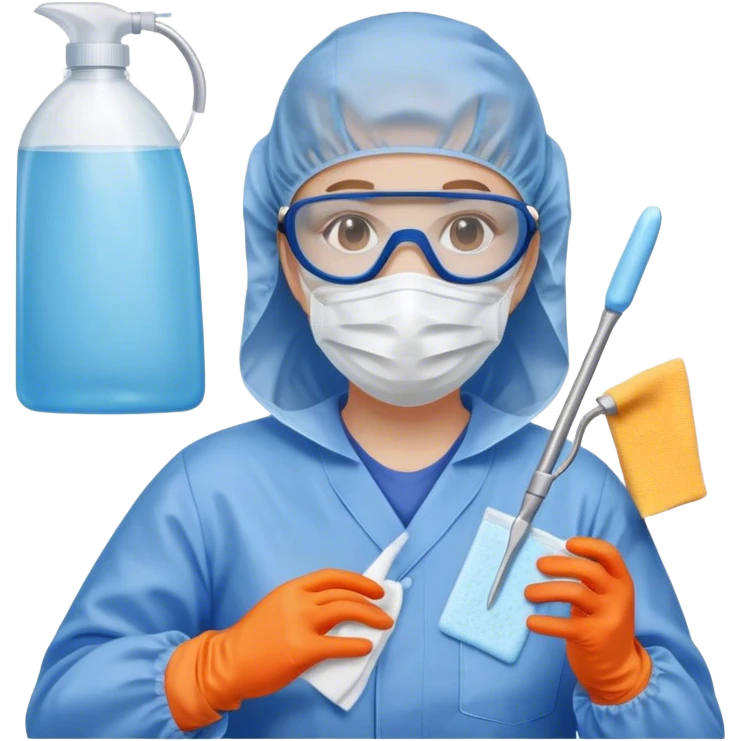 A meticulous cleanroom worker dressed in full protective gear, including a blue sterile suit, a face mask,  and orange gloves.  cleaning glasses with a wipe emoji