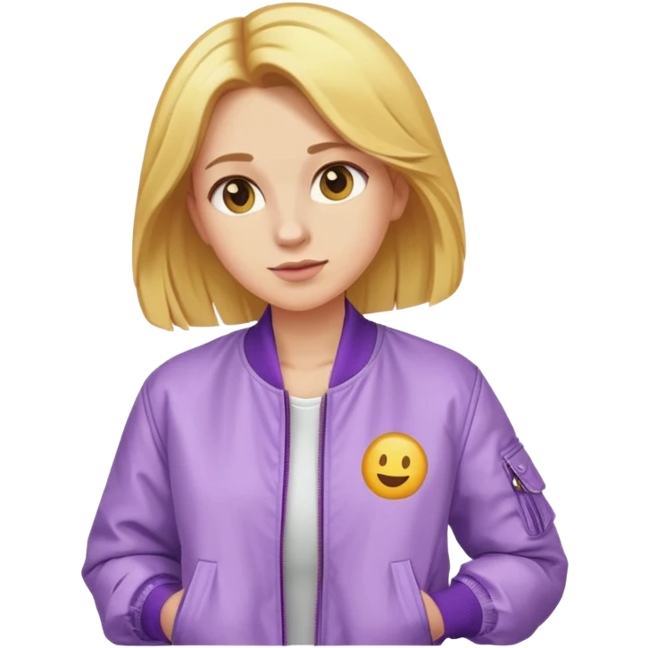 Generate an image of a golden hair women wearing lilac bomber jacket. Make in the style of emoji. emoji
