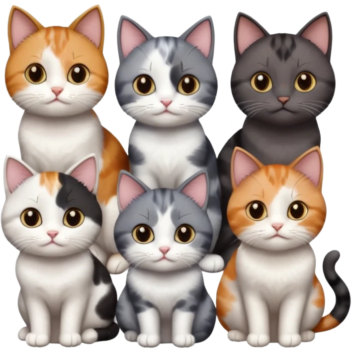 5 different coloured short haired cats including; a dark brown and white cat, and a dark grey and white, and a calico emoji