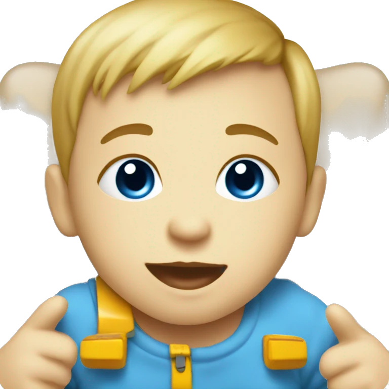 Baby with blue eyes playing with a toy bus emoji