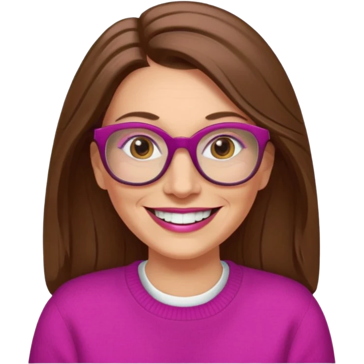 50 yr Caucasian woman, long brown hair parted on side, brown eyes, glasses, big smile, white teeth, fuscia sweater emoji